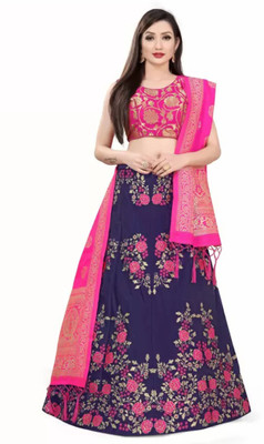 Tishta Floral Print Semi Stitched Lehenga Choli(Dark Blue)