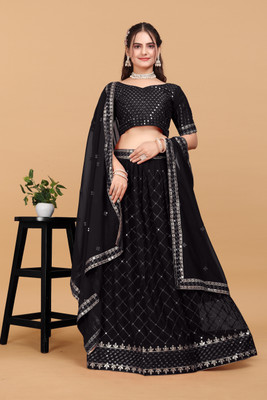 HOUSE OF COMMON Embroidered, Self Design Semi Stitched Lehenga Choli(Black)