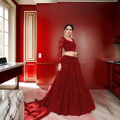 TRIVORA Self Design Semi Stitched Lehenga Choli(Red)