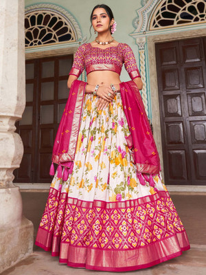 Freydis Floral Print Semi Stitched Lehenga Choli(Pink)