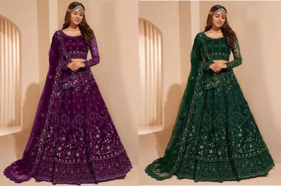 Cute Fellow Embroidered Semi Stitched Lehenga Choli(Purple, Dark Green)