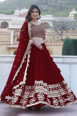 bindudi Embroidered Semi Stitched Lehenga Choli(Maroon)
