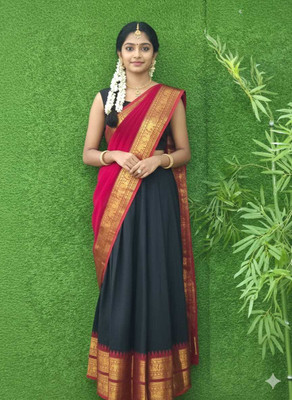 SN Onakodi Handlooms Self Design Semi Stitched Lehenga Choli(Black)