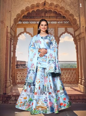 Shiv Enterprise Floral Print Semi Stitched Lehenga Choli(Light Blue)