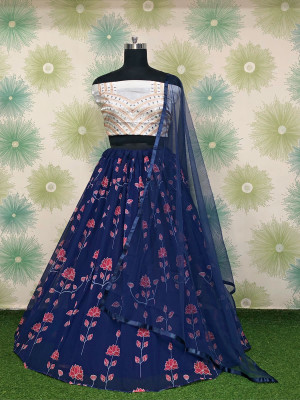 RENCY CREATION Floral Print Semi Stitched Lehenga Choli(Dark Blue)