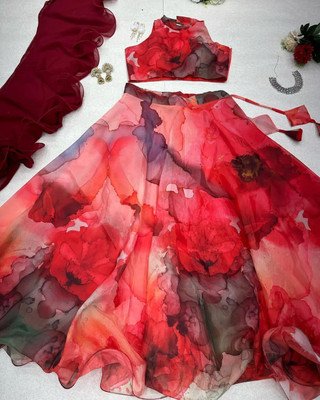 PuriMaa Digital Print Semi Stitched Lehenga & Crop Top(Red)