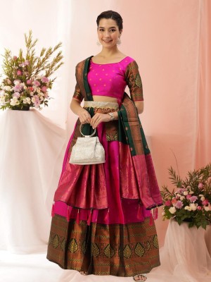 KAZIA Floral Print, Embellished, Self Design, Geometric Print Semi Stitched Lehenga Choli(Pink)