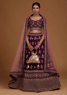 Julee Embroidered Semi Stitched Lehenga Choli(Purple)