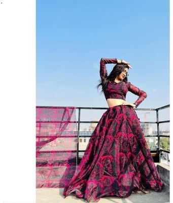 Trivety Printed Semi Stitched Lehenga Choli(Black, Pink)