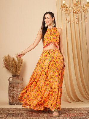 Globus Floral Print Stitched Lehenga & Crop Top(Yellow)