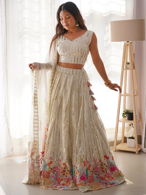 Tasrika Embroidered Semi Stitched Lehenga Choli(White)