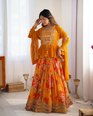 Divastri Embroidered Semi Stitched Lehenga Choli(Orange)