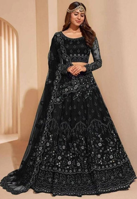 LILUDI Embroidered Semi Stitched Lehenga Choli(Black)