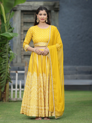 Juniper Printed Stitched Lehenga Choli(Yellow)