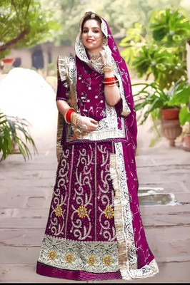 New Pooja Embroidered, Embellished, Self Design Semi Stitched Rajasthani Poshak(Purple, Purple)