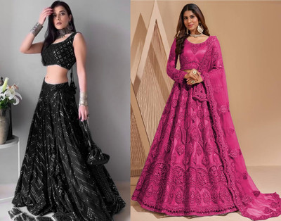 Reelove Factory Embroidered Semi Stitched Lehenga Choli(Black, Pink)