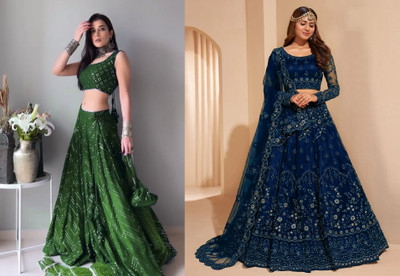 Cute Fellow Embroidered Semi Stitched Lehenga Choli(Green, Dark Blue)