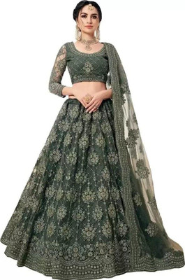 Kitvillaa Embroidered Semi Stitched Lehenga Choli(Green)