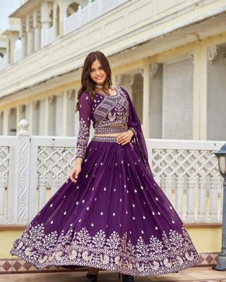MAN PRIYA TRENDZ Embroidered Semi Stitched Lehenga Choli(Purple)