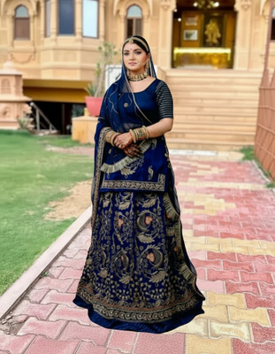 Bhawani Collection Embroidered Semi Stitched Rajasthani Poshak(Dark Blue)