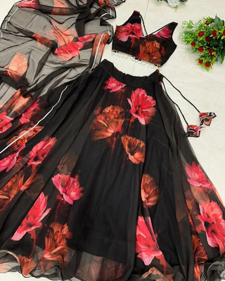 PuriMaa Floral Print Semi Stitched Lehenga Choli(Black)