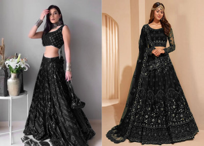 Cute Fellow Embroidered Semi Stitched Lehenga Choli(Black, Black)