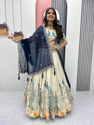 Trivety Embroidered Semi Stitched Lehenga Choli(Dark Blue)