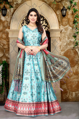kaizen International Printed Semi Stitched Lehenga Choli(Light Blue)