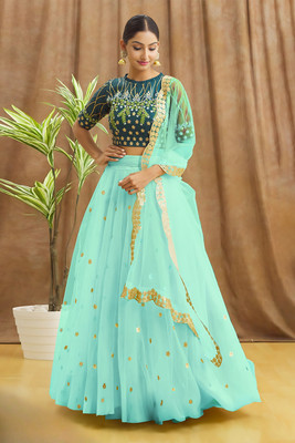 color bucket Embroidered Semi Stitched Lehenga Choli(Light Blue)