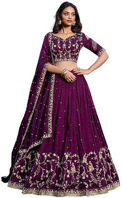 HummerTex Embroidered Semi Stitched Lehenga Choli(Purple)