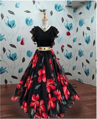 Ajfab Self Design Stitched Lehenga & Crop Top(Black)
