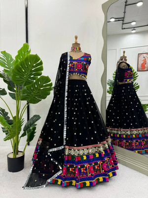 MND CREATION Embroidered, Embellished Semi Stitched Lehenga Choli(Black)