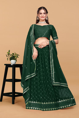 credebs Embroidered, Self Design Semi Stitched Lehenga Choli(Dark Green)