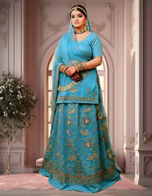 Bhawani Collection Embroidered Semi Stitched Rajasthani Poshak(Light Blue)