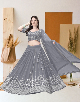 F Plus fashion Embroidered Semi Stitched Lehenga Choli(Grey)