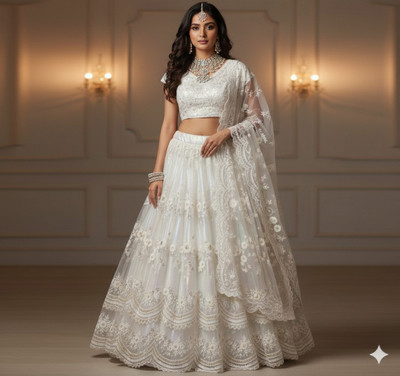 AASMA Embroidered, Digital Print Semi Stitched Lehenga Choli(White, Silver)