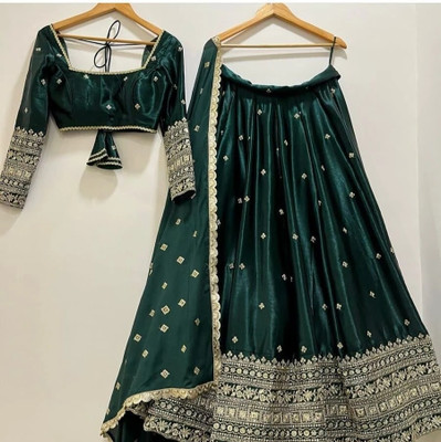 Trijal Fab Embellished Semi Stitched Lehenga Choli(Green)