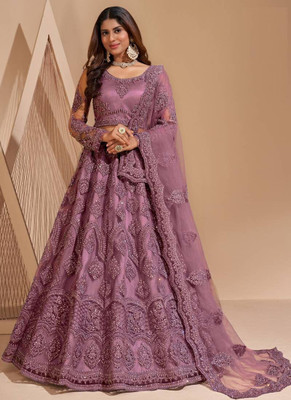 Cute Fellow Embroidered Semi Stitched Lehenga Choli(Purple)