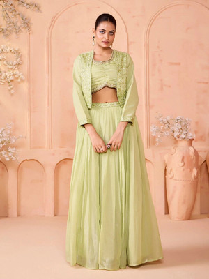 Madhuram Embroidered Stitched Lehenga with Jacket(Light Green)