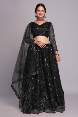 Rivazz Creation Embroidered Semi Stitched Lehenga Choli(Black)