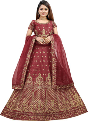 LADY SHOPI Embroidered Semi Stitched Lehenga Choli(Maroon)