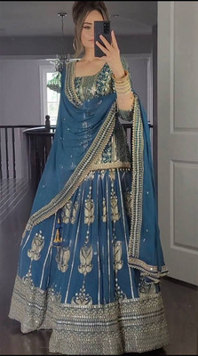 HummerTex Embroidered, Embellished Stitched Lehenga & Crop Top(Blue)