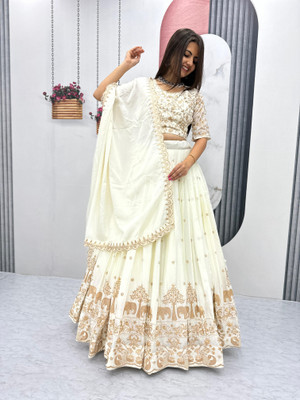 CYNOR ENTERPRISE Embroidered Semi Stitched Lehenga Choli(Beige)