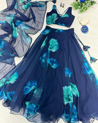 PuriMaa Floral Print Semi Stitched Lehenga Choli(Blue)
