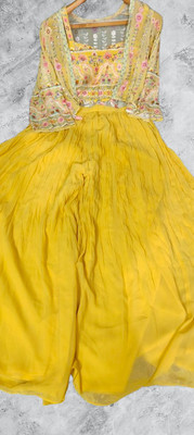 PoojaCreation Solid Stitched Lehenga with Jacket(Yellow)