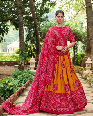 PREJAL FASHION Floral Print Semi Stitched Lehenga Choli(Yellow, Red)