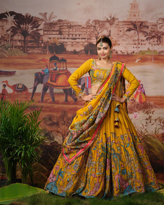 THREADTHRILL Digital Print Semi Stitched Lehenga Choli(Yellow)