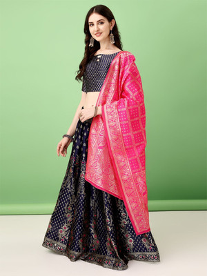 SWAMI STUDIO Self Design Semi Stitched Lehenga Choli(Dark Blue, Red)
