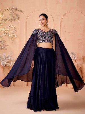 Bhavna Textiles Embroidered Stitched Lehenga & Crop Top(Blue)