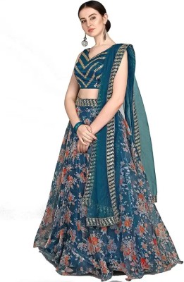 Blue Zircon Printed Semi Stitched Lehenga Choli(Blue)